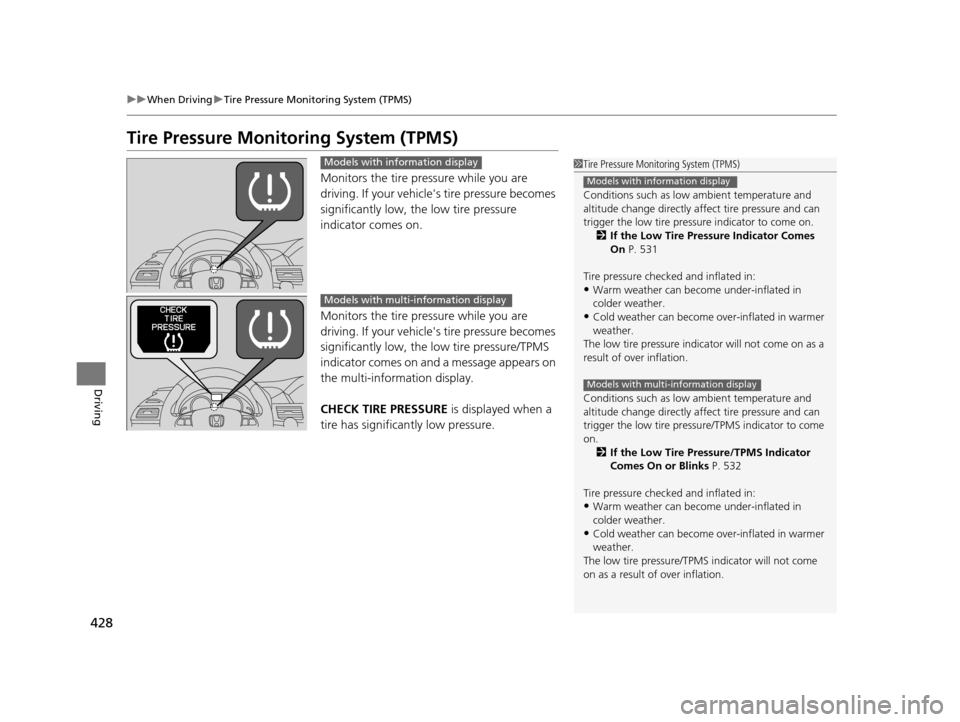 HONDA ODYSSEY 2016 RC1-RC2 / 5.G User Guide 428
uuWhen Driving uTire Pressure Monitoring System (TPMS)
Driving
Tire Pressure Monitoring System (TPMS)
Monitors the tire pressure while you are 
driving. If your vehicles tire pressure becomes 
si