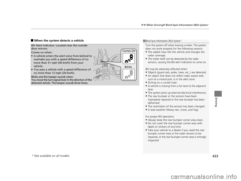 HONDA ODYSSEY 2016 RC1-RC2 / 5.G User Guide 433
uuWhen Driving uBlind Spot Information (BSI) System*
Driving
■When the system detects a vehicle1Blind Spot Inform ation (BSI) System*
Turn the system off when towing a trailer. The system 
does 
