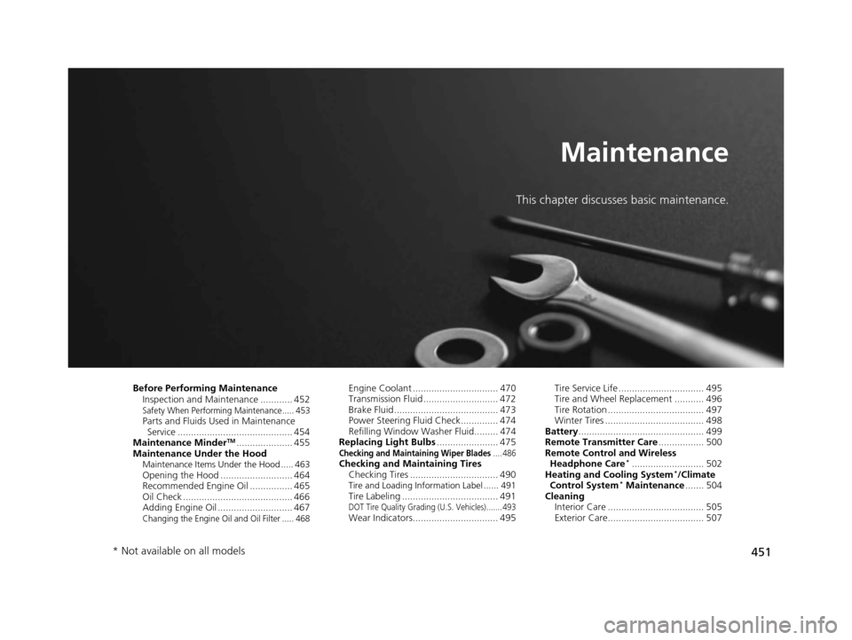 HONDA ODYSSEY 2016 RC1-RC2 / 5.G User Guide 451
Maintenance
This chapter discusses basic maintenance.
Before Performing MaintenanceInspection and Maintenance ............ 452
Safety When Performing Maintenance..... 453Parts and Fluids Used in M