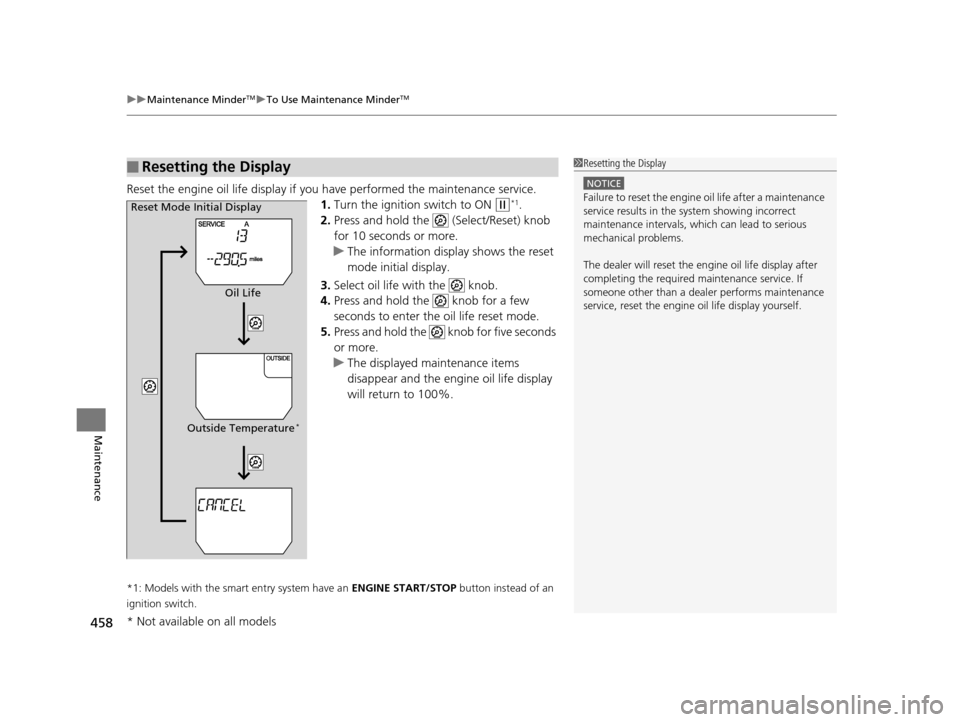 HONDA ODYSSEY 2016 RC1-RC2 / 5.G User Guide uuMaintenance MinderTMuTo Use Maintenance MinderTM
458
Maintenance
Reset the engine oil life display if yo u have performed the maintenance service.
1. Turn the ignition switch to ON 
(w*1.
2. Press a