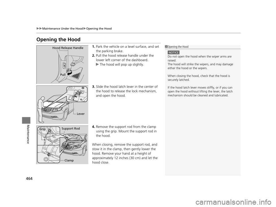 HONDA ODYSSEY 2016 RC1-RC2 / 5.G Owners Manual 464
uuMaintenance Under the Hood uOpening the Hood
Maintenance
Opening the Hood
1. Park the vehicle on a level surface, and set 
the parking brake.
2. Pull the hood release handle under the 
lower lef