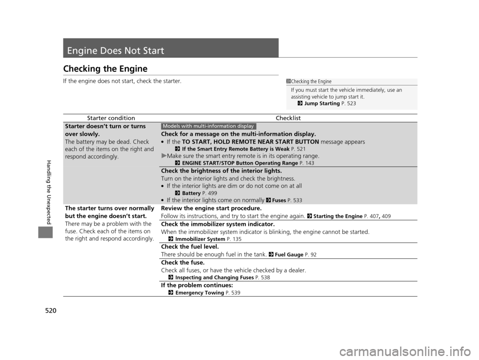 HONDA ODYSSEY 2016 RC1-RC2 / 5.G User Guide 520
Handling the Unexpected
Engine Does Not Start
Checking the Engine
If the engine does not start, check the starter.
Starter conditionChecklist
Starter doesn’t turn or turns 
over slowly.
The batt