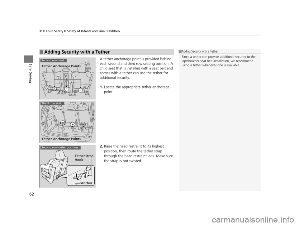 HONDA ODYSSEY 2016 RC1-RC2 / 5.G Repair Manual uuChild Safety uSafety of Infants and Small Children
62
Safe DrivingA tether anchorage point is provided behind
each second and third row seating position. A
child seat that is installed with a seat HONDA ODYSSEY 2016 RC1-RC2 / 5.G Repair Manual uuChild Safety uSafety of Infants and Small Children
62
Safe DrivingA tether anchorage point is provided behind
each second and third row seating position. A
child seat that is installed with a seat
