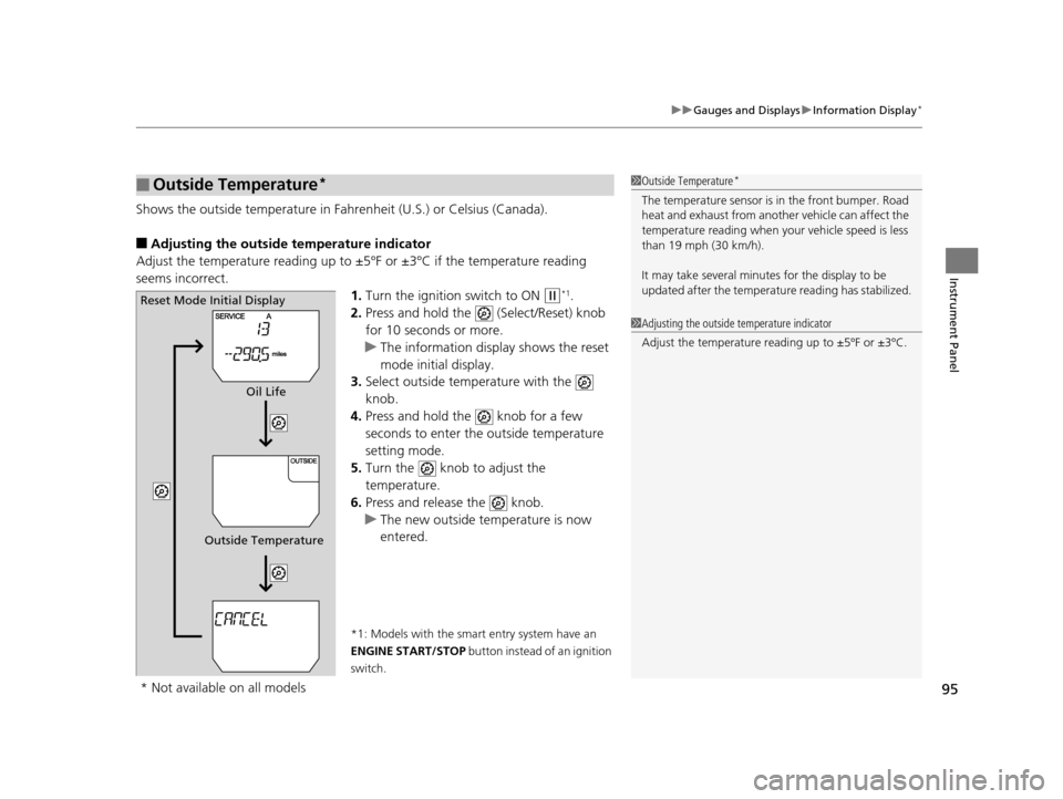HONDA ODYSSEY 2016 RC1-RC2 / 5.G Owners Manual 95
uuGauges and Displays uInformation Display*
Instrument Panel
Shows the outside temperature in Fahr enheit (U.S.) or Celsius (Canada).
■Adjusting the outside temperature indicator
Adjust the tempe