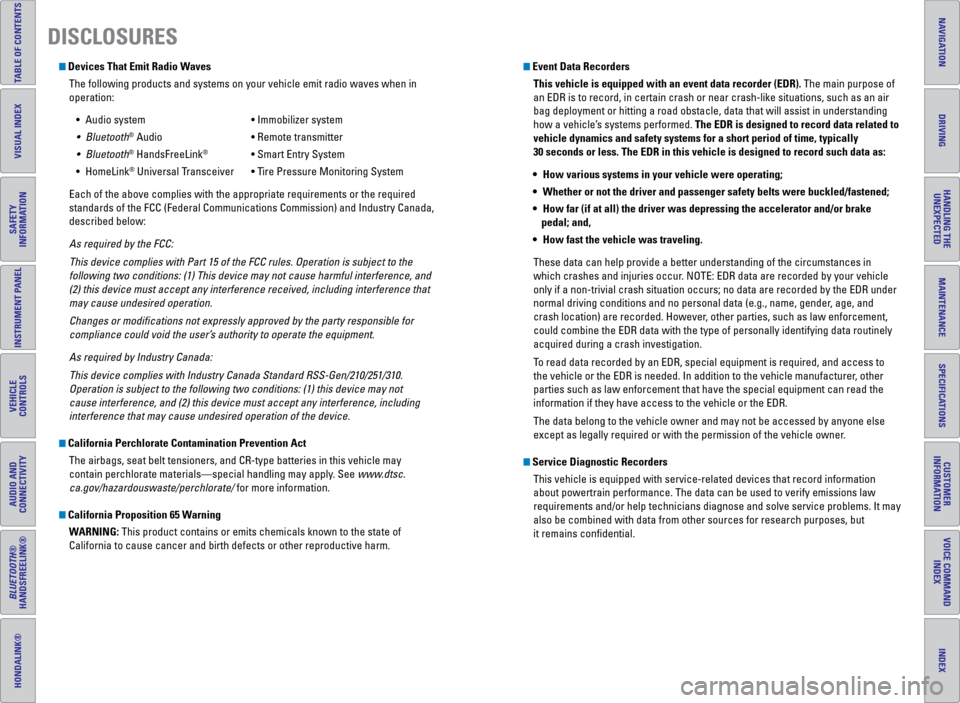 HONDA ODYSSEY 2016 RC1-RC2 / 5.G Quick Guide TABLE OF CONTENTS
INDEX
VISUAL INDEX
VOICE COMMAND INDEX
SAFETY 
INFORMATION
CUSTOMER 
INFORMATION
INSTRUMENT PANEL
SPECIFICATIONS
VEHICLE 
CONTROLS 
MAINTENANCE
AUDIO AND 
CONNECTIVITY
HANDLING THE  