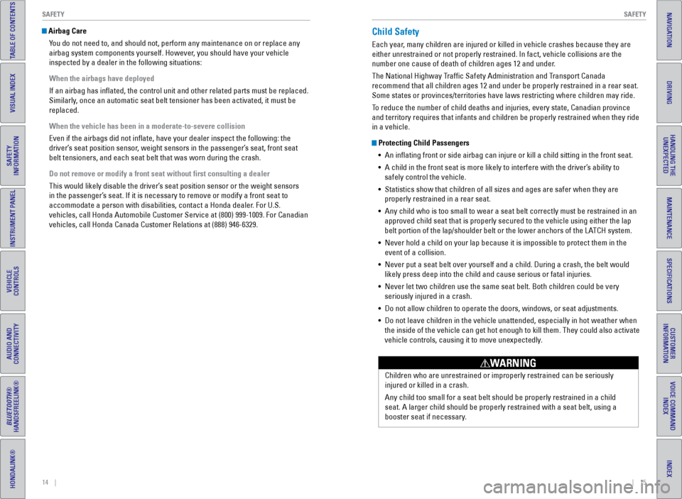 HONDA ODYSSEY 2016 RC1-RC2 / 5.G Quick Guide 14    ||    15
       SAFETY
SAFETY
INDEX
VOICE COMMAND 
INDEX
CUSTOMER 
INFORMATION
SPECIFICATIONS
MAINTENANCE
HANDLING THE  UNEXPECTED
DRIVING
NAVIGATION
TABLE OF CONTENTS
VISUAL INDEX
SAFETY 
INFOR