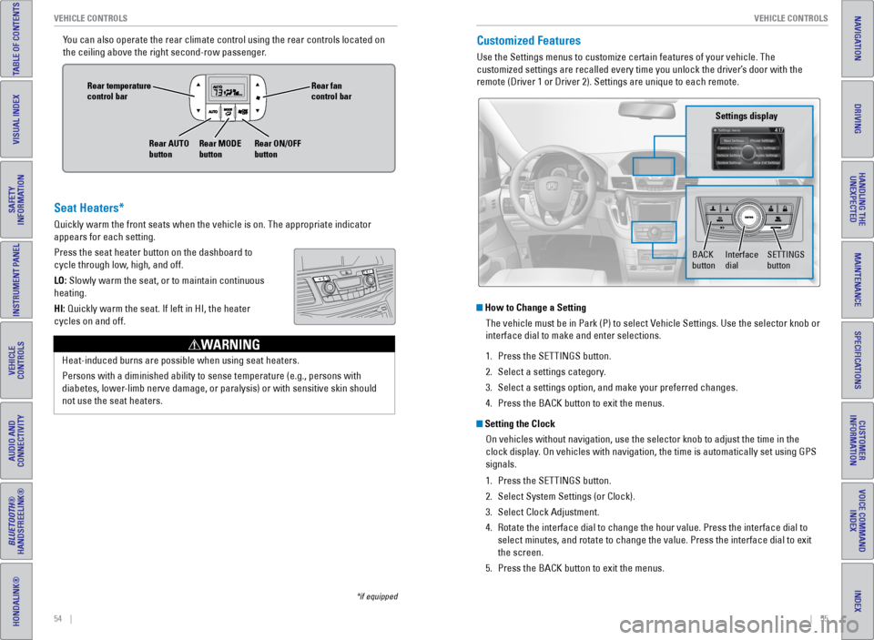 HONDA ODYSSEY 2016 RC1-RC2 / 5.G Quick Guide 54    ||    55
       VEHICLE CONTROLS
VEHICLE CONTROLS
INDEX
VOICE COMMAND 
INDEX
CUSTOMER 
INFORMATION
SPECIFICATIONS
MAINTENANCE
HANDLING THE  UNEXPECTED
DRIVING
NAVIGATION
TABLE OF CONTENTS
VISUAL