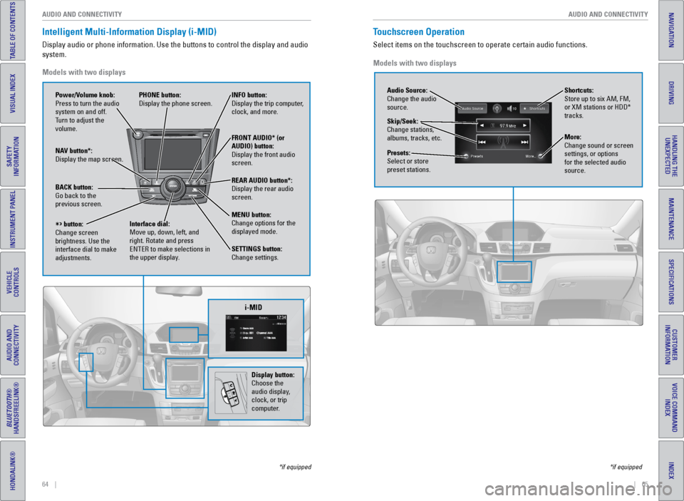 HONDA ODYSSEY 2016 RC1-RC2 / 5.G Quick Guide 64    ||    65
       AUDIO AND CONNECTIVITY
AUDIO AND CONNECTIVITY
INDEX
VOICE COMMAND 
INDEX
CUSTOMER 
INFORMATION
SPECIFICATIONS
MAINTENANCE
HANDLING THE  UNEXPECTED
DRIVING
NAVIGATION
TABLE OF CON