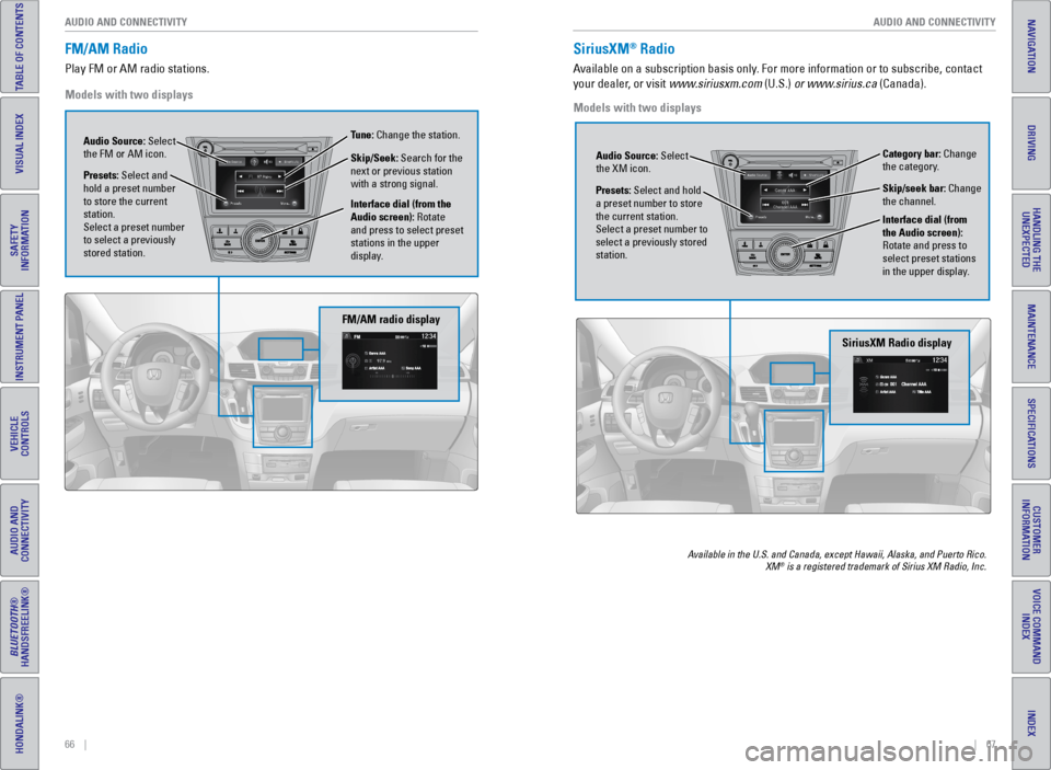 HONDA ODYSSEY 2016 RC1-RC2 / 5.G Quick Guide 66    ||    67
       AUDIO AND CONNECTIVITY
AUDIO AND CONNECTIVITY
INDEX
VOICE COMMAND 
INDEX
CUSTOMER 
INFORMATION
SPECIFICATIONS
MAINTENANCE
HANDLING THE  UNEXPECTED
DRIVING
NAVIGATION
TABLE OF CON