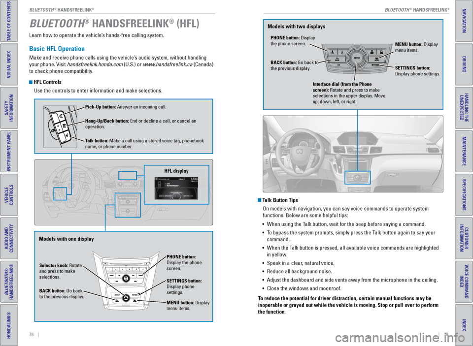 HONDA ODYSSEY 2016 RC1-RC2 / 5.G Quick Guide 78    ||    79
INDEX
VOICE COMMAND 
INDEX
CUSTOMER 
INFORMATION
SPECIFICATIONS
MAINTENANCE
HANDLING THE  UNEXPECTED
DRIVING
NAVIGATION
TABLE OF CONTENTS
VISUAL INDEX
SAFETY 
INFORMATION
INSTRUMENT PAN