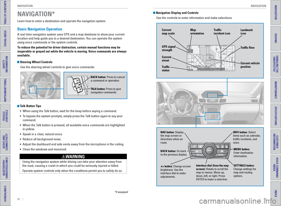 HONDA ODYSSEY 2016 RC1-RC2 / 5.G Quick Guide 84    ||    85
       NAVIGATION
NAVIGATION
INDEX
VOICE COMMAND 
INDEX
CUSTOMER 
INFORMATION
SPECIFICATIONS
MAINTENANCE
HANDLING THE  UNEXPECTED
DRIVING
NAVIGATION
TABLE OF CONTENTS
VISUAL INDEX
SAFET