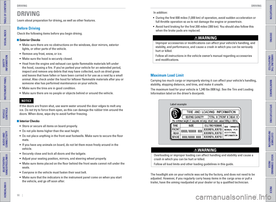 HONDA ODYSSEY 2016 RC1-RC2 / 5.G Quick Guide 90    ||    91
       DRIVING
DRIVING
INDEX
VOICE COMMAND 
INDEX
CUSTOMER 
INFORMATION
SPECIFICATIONS
MAINTENANCE
HANDLING THE  UNEXPECTED
DRIVING
NAVIGATION
TABLE OF CONTENTS
VISUAL INDEX
SAFETY 
INF