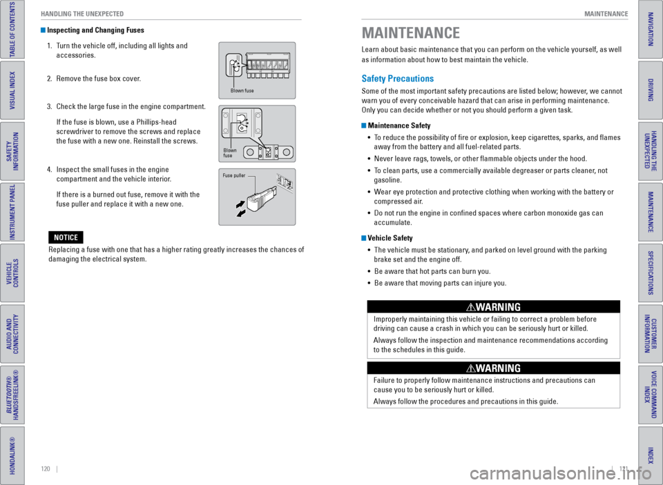 HONDA ODYSSEY 2016 RC1-RC2 / 5.G Quick Guide 120 || 121
MAINTENANCE
HANDLING THE UNEXPECTED
INDEX
VOICE COMMAND
INDEX
CUSTOMER
INFORMATION
SPECIFICATIONS
MAINTENANCE
HANDLING THE UNEXPECTED
DRIVING
NAVIGATION
TABLE OF CONTENTS
VI HONDA ODYSSEY 2016 RC1-RC2 / 5.G Quick Guide 120 || 121
MAINTENANCE
HANDLING THE UNEXPECTED
INDEX
VOICE COMMAND
INDEX
CUSTOMER
INFORMATION
SPECIFICATIONS
MAINTENANCE
HANDLING THE UNEXPECTED
DRIVING
NAVIGATION
TABLE OF CONTENTS
VI