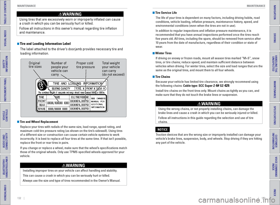 HONDA ODYSSEY 2016 RC1-RC2 / 5.G Quick Guide 132    ||    133
       MAINTENANCE
MAINTENANCE
INDEX
VOICE COMMAND 
INDEX
CUSTOMER 
INFORMATION
SPECIFICATIONS
MAINTENANCE
HANDLING THE  UNEXPECTED
DRIVING
NAVIGATION
TABLE OF CONTENTS
VISUAL INDEX
S