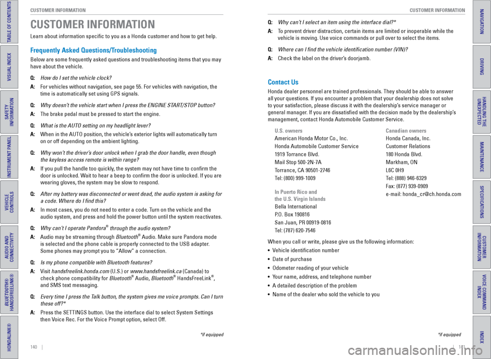 HONDA ODYSSEY 2016 RC1-RC2 / 5.G Quick Guide 140    ||    141
       CUSTOMER INFORMATION
CUSTOMER INFORMATION
INDEX
VOICE COMMAND 
INDEX
CUSTOMER 
INFORMATION
SPECIFICATIONS
MAINTENANCE
HANDLING THE  UNEXPECTED
DRIVING
NAVIGATION
TABLE OF CONTE