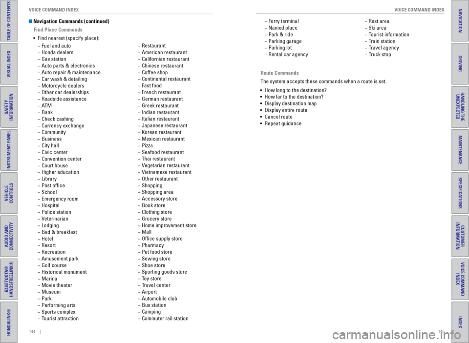 HONDA ODYSSEY 2016 RC1-RC2 / 5.G Quick Guide 144    ||    145
       VOICE COMMAND INDEX
VOICE COMMAND INDEX
INDEX
VOICE COMMAND 
INDEX
CUSTOMER 
INFORMATION
SPECIFICATIONS
MAINTENANCE
HANDLING THE  UNEXPECTED
DRIVING
NAVIGATION
TABLE OF CONTENT