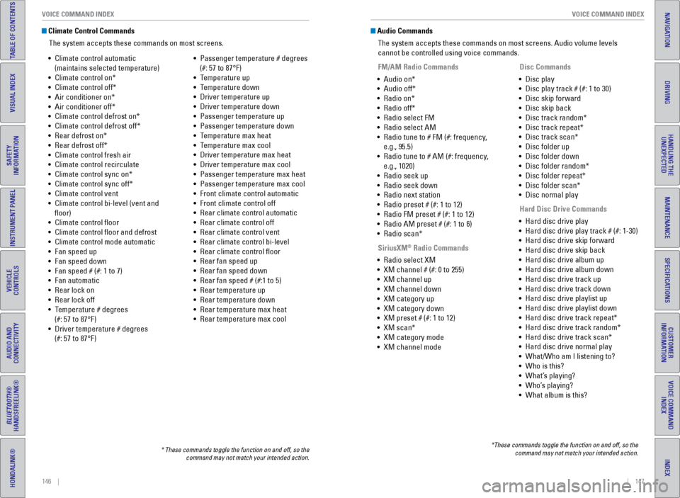 HONDA ODYSSEY 2016 RC1-RC2 / 5.G Quick Guide 146    ||    147
       VOICE COMMAND INDEX
VOICE COMMAND INDEX
INDEX
VOICE COMMAND 
INDEX
CUSTOMER 
INFORMATION
SPECIFICATIONS
MAINTENANCE
HANDLING THE  UNEXPECTED
DRIVING
NAVIGATION
TABLE OF CONTENT