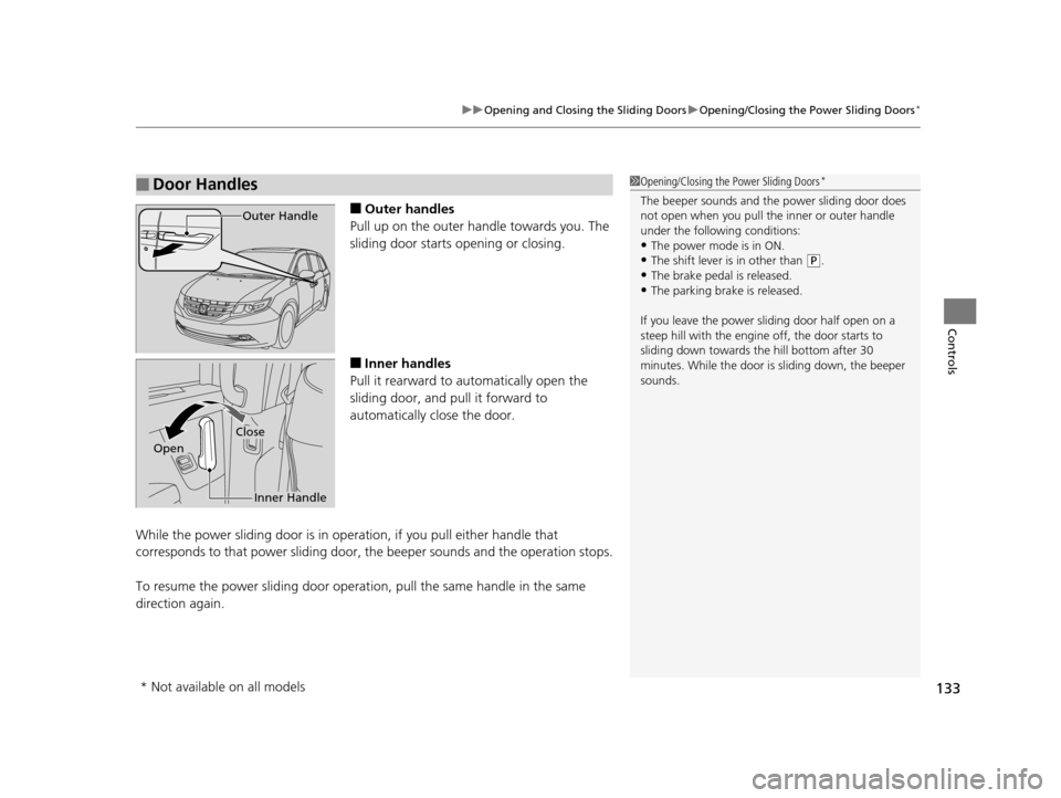 HONDA ODYSSEY 2017 RC1-RC2 / 5.G Owners Manual 133
uuOpening and Closing the Sliding Doors uOpening/Closing the  Power Sliding Doors*
Controls
■Outer handles
Pull up on the outer handle towards you. The 
sliding door starts opening or closing.
�
