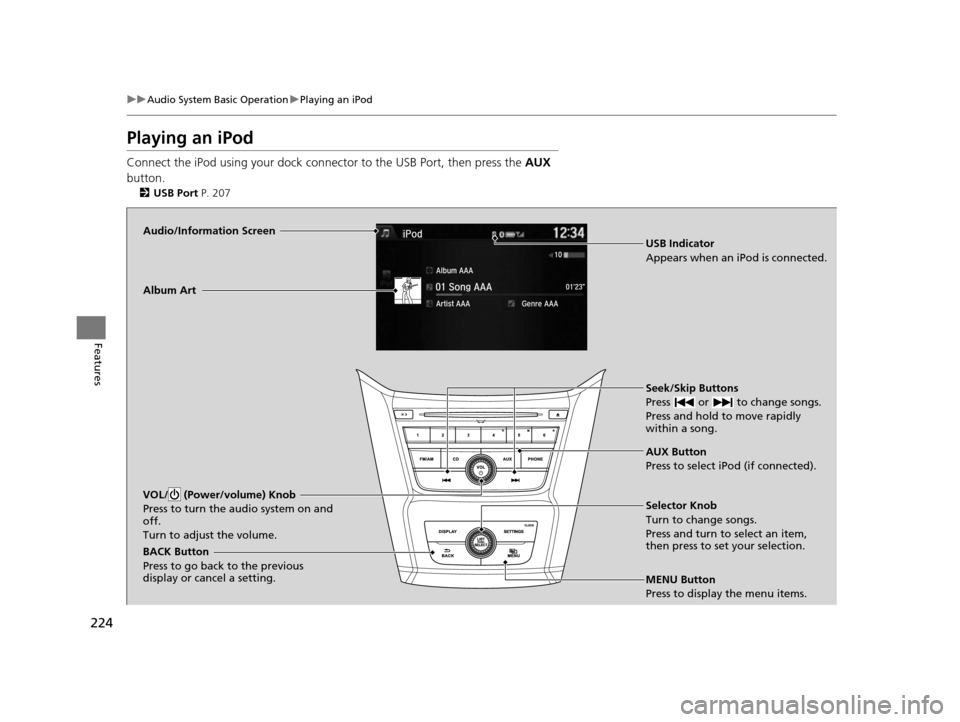 HONDA ODYSSEY 2017 RC1-RC2 / 5.G Owners Manual 224
uuAudio System Basic Operation uPlaying an iPod
Features
Playing an iPod
Connect the iPod using your dock connec tor to the USB Port, then press the AUX 
button.
2 USB Port  P. 207
Audio/Informati