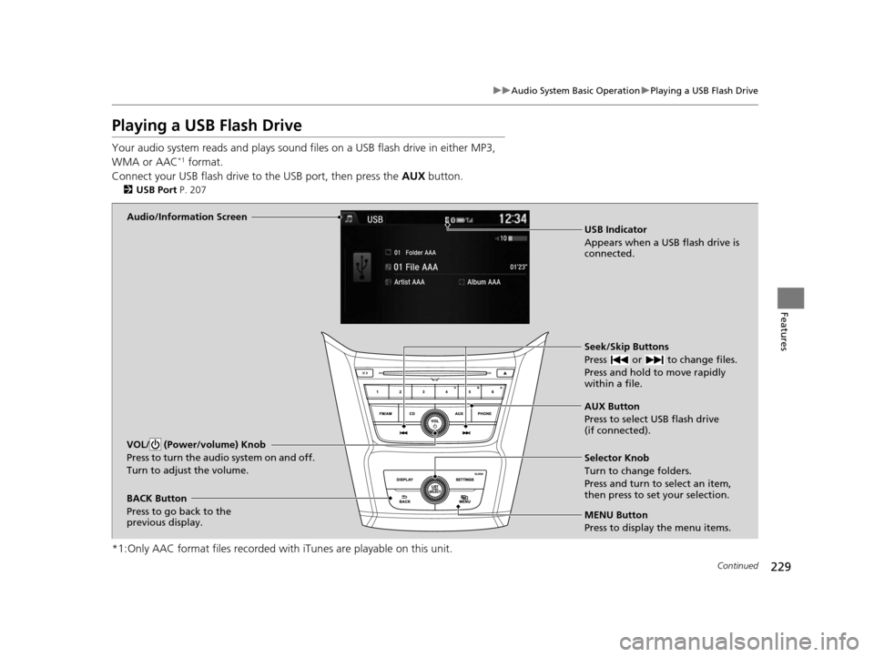 HONDA ODYSSEY 2017 RC1-RC2 / 5.G Owners Manual 229
uuAudio System Basic Operation uPlaying a USB Flash Drive
Continued
Features
Playing a USB Flash Drive
Your audio system reads and  plays sound files on a USB flash drive in either MP3, 
WMA or AA