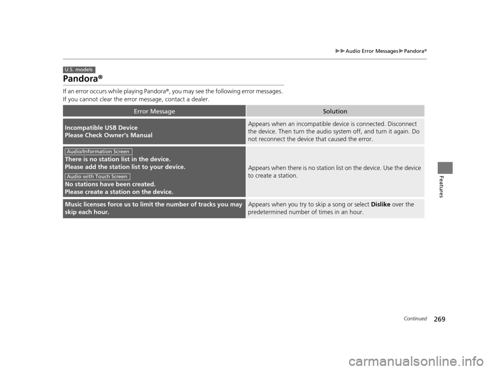 HONDA ODYSSEY 2017 RC1-RC2 / 5.G Owners Manual 269
uuAudio Error Messages uPandora ®
Continued
Features
Pandora ®
If an error occurs while playing Pandora ®, you may see the following error messages. 
If you cannot clear the error message, cont