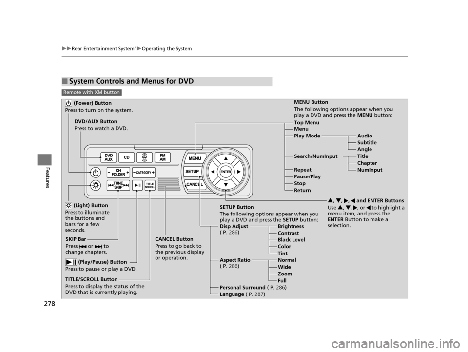 HONDA ODYSSEY 2017 RC1-RC2 / 5.G Owners Manual 278
uuRear Entertainment System*uOperating the System
Features
■System Controls and Menus for DVD
Remote with XM button
 (Power) Button
Press to turn on the system.
DVD/AUX Button
Press to watch a D