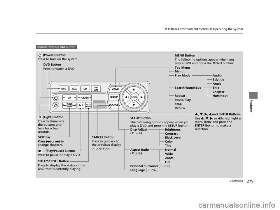 HONDA ODYSSEY 2017 RC1-RC2 / 5.G Owners Manual 279
uuRear Entertainment System*uOperating the System
Continued
Features
Remote without XM button
 (Power) Button
Press to turn on the system.
DVD Button
Press to watch a DVD.
 (Light) Button
Press to