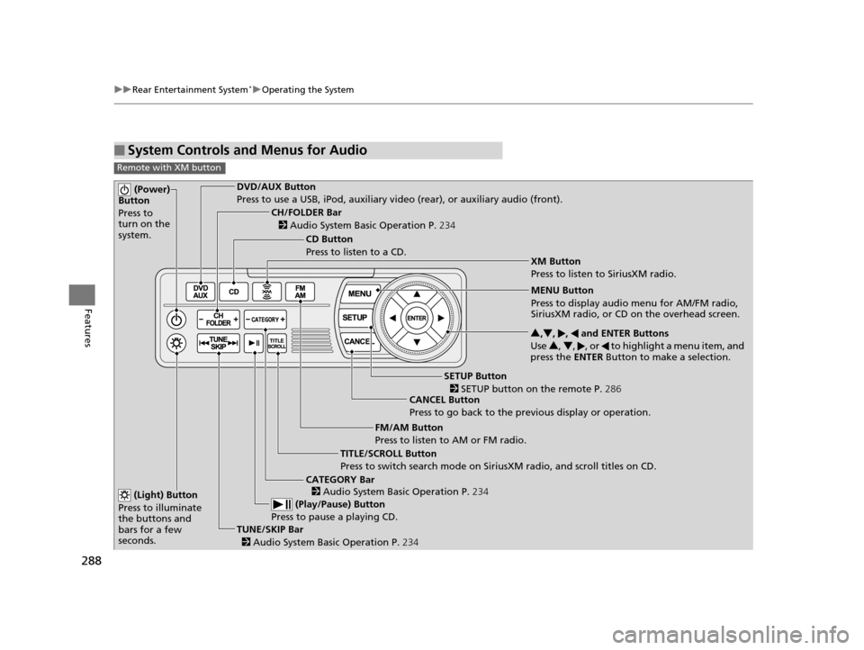 HONDA ODYSSEY 2017 RC1-RC2 / 5.G Owners Manual 288
uuRear Entertainment System*uOperating the System
Features
■System Controls and Menus for Audio
Remote with XM button
 (Power) 
Button
Press to 
turn on the 
system.DVD/AUX Button
Press to use a