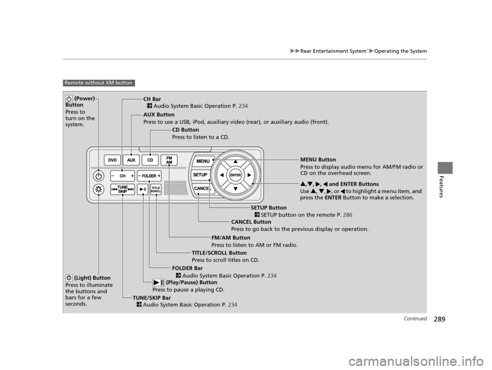 HONDA ODYSSEY 2017 RC1-RC2 / 5.G Owners Manual 289
uuRear Entertainment System*uOperating the System
Continued
Features
Remote without XM button
 (Power) 
Button
Press to 
turn on the 
system.
AUX Button
Press to use a USB, iPod, auxiliary video (