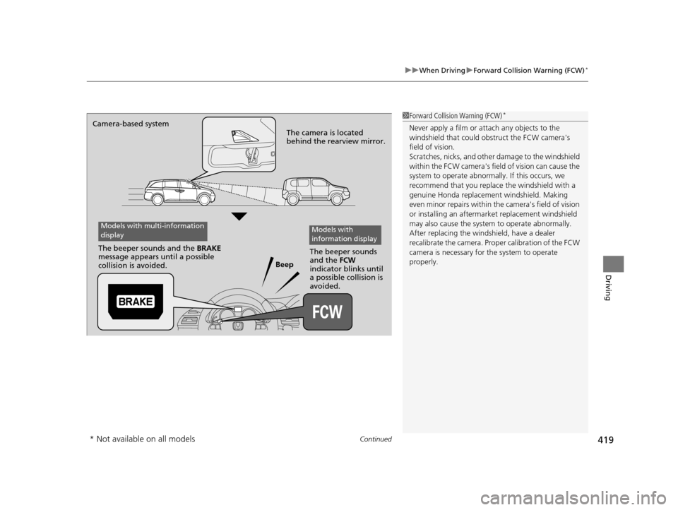 HONDA ODYSSEY 2017 RC1-RC2 / 5.G User Guide Continued419
uuWhen Driving uForward Collision Warning (FCW)*
Driving
1Forward Collision Warning (FCW)*
Never apply a film or attach any objects to the 
windshield that could obs truct the FCW camera