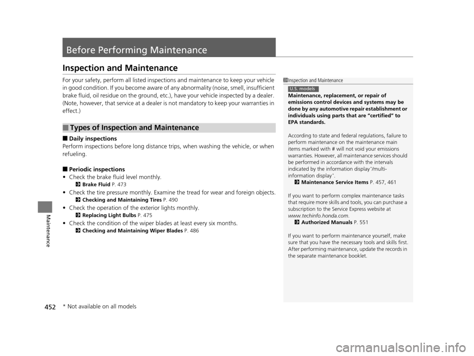 HONDA ODYSSEY 2017 RC1-RC2 / 5.G Owners Manual 452
Maintenance
Before Performing Maintenance
Inspection and Maintenance
For your safety, perform all listed inspections and maintenance to keep your vehicle 
in good condition. If you become aware of