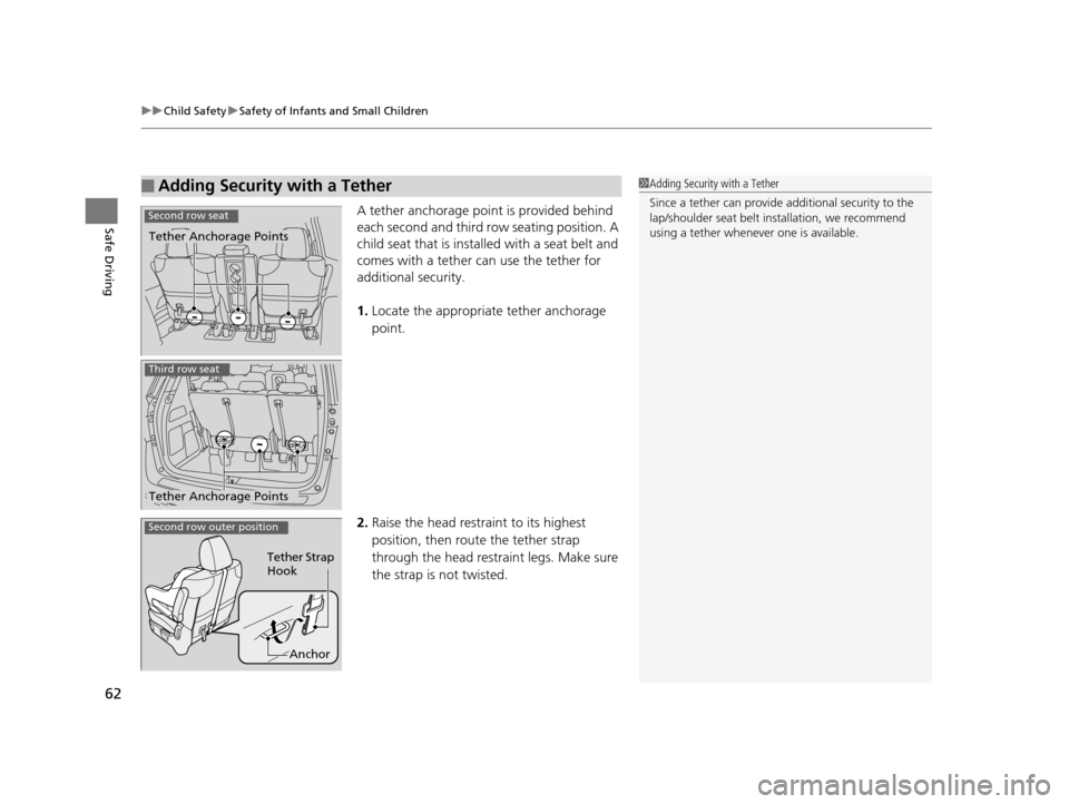 HONDA ODYSSEY 2017 RC1-RC2 / 5.G Repair Manual uuChild Safety uSafety of Infants and Small Children
62
Safe DrivingA tether anchorage point is provided behind 
each second and third row seating position. A 
child seat that is installed with a seat