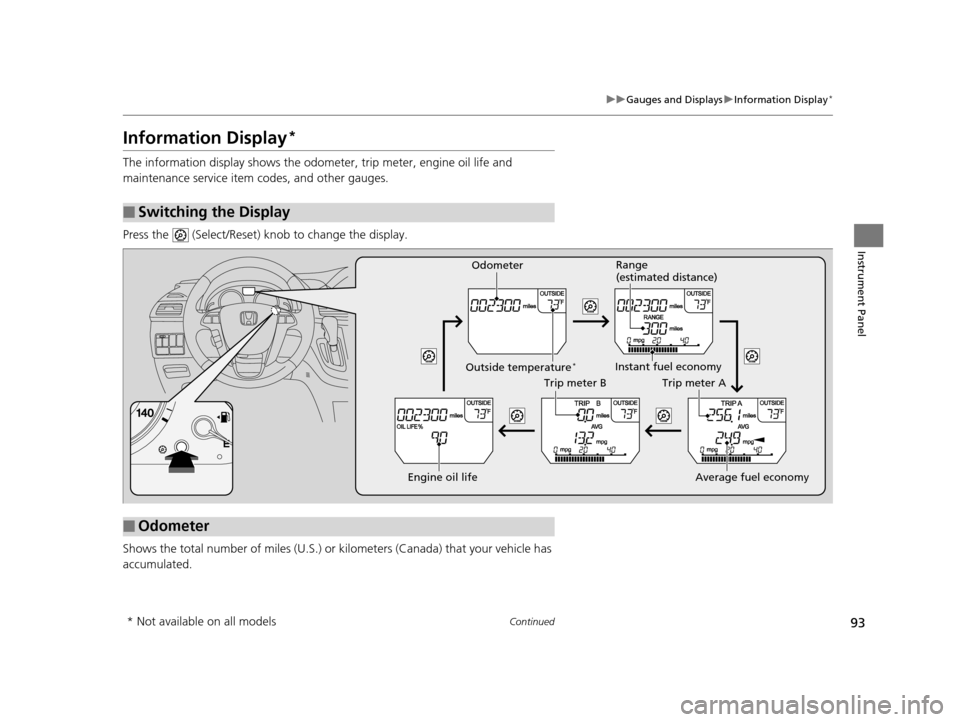 HONDA ODYSSEY 2017 RC1-RC2 / 5.G Owners Manual 93
uuGauges and Displays uInformation Display*
Continued
Instrument Panel
Information Display*
The information display shows the odom eter, trip meter, engine oil life and 
maintenance service item co