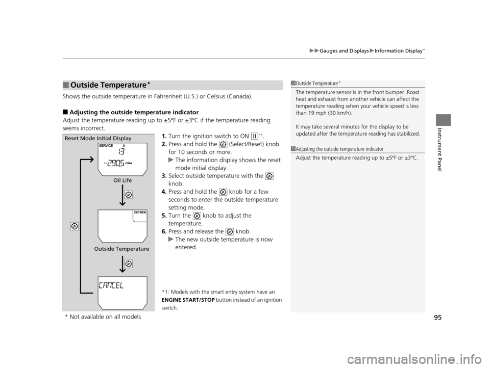 HONDA ODYSSEY 2017 RC1-RC2 / 5.G Owners Manual 95
uuGauges and Displays uInformation Display*
Instrument Panel
Shows the outside temperature in Fahr enheit (U.S.) or Celsius (Canada).
■Adjusting the outside temperature indicator
Adjust the tempe