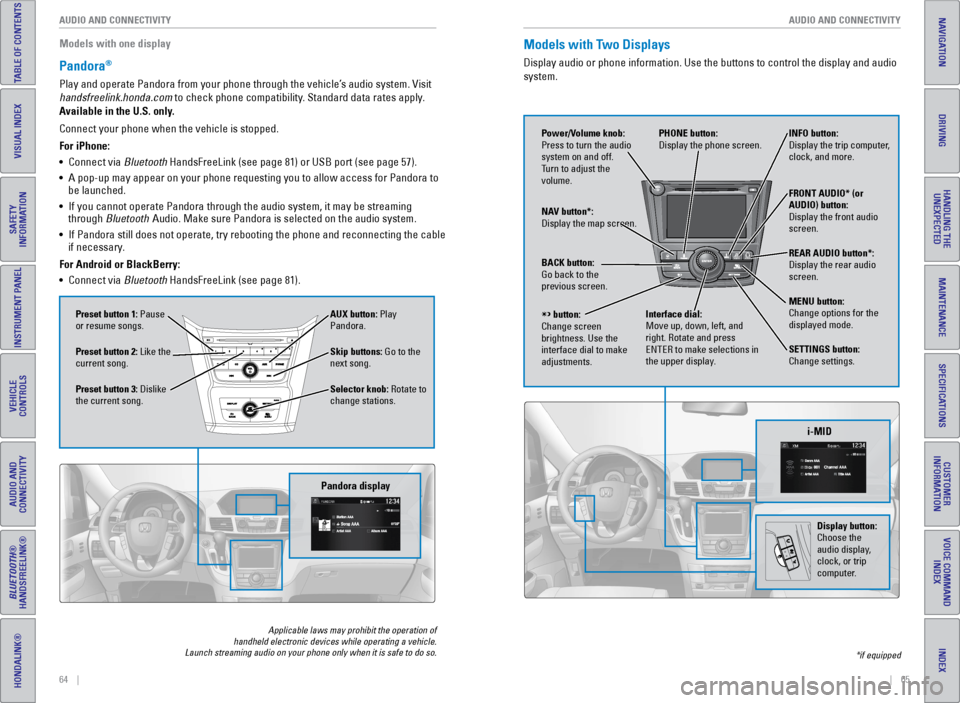 HONDA ODYSSEY 2017 RC1-RC2 / 5.G Quick Guide 64    ||    65
       AUDIO AND CONNECTIVITY
AUDIO AND CONNECTIVITY
TABLE OF CONTENTS
INDEX
VISUAL INDEX
VOICE COMMAND 
INDEX
SAFETY 
INFORMATION
CUSTOMER 
INFORMATION
INSTRUMENT PANEL
SPECIFICATIONS
