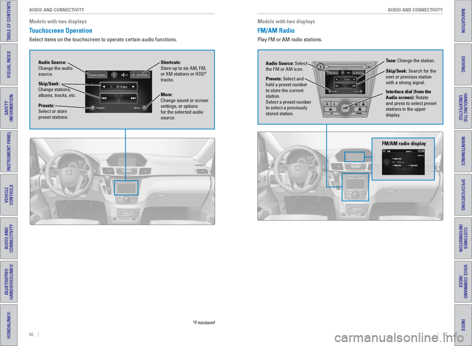 HONDA ODYSSEY 2017 RC1-RC2 / 5.G Quick Guide 66 || 67
AUDIO AND CONNECTIVITY
AUDIO AND CONNECTIVITY
TABLE OF CONTENTS
INDEX
VISUAL INDEX
VOICE COMMAND
INDEX
SAFETY
INFORMATION
CUSTOMER
INFORMATION
INSTRUMENT PANEL
SPECIFICATIONS
HONDA ODYSSEY 2017 RC1-RC2 / 5.G Quick Guide 66 || 67
AUDIO AND CONNECTIVITY
AUDIO AND CONNECTIVITY
TABLE OF CONTENTS
INDEX
VISUAL INDEX
VOICE COMMAND
INDEX
SAFETY
INFORMATION
CUSTOMER
INFORMATION
INSTRUMENT PANEL
SPECIFICATIONS