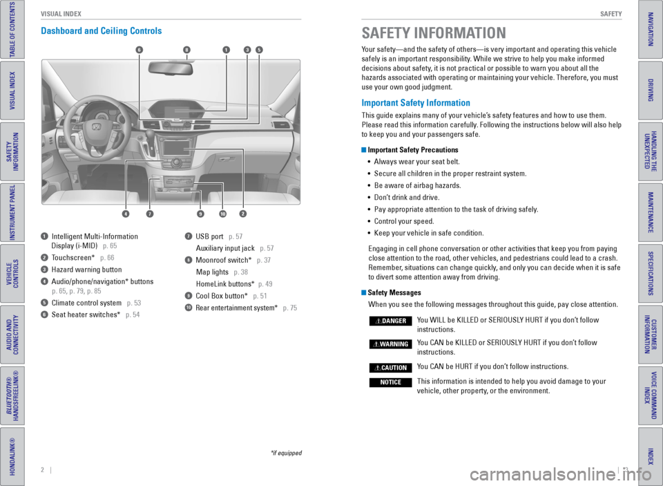 HONDA ODYSSEY 2017 RC1-RC2 / 5.G Quick Guide 2    ||    3
       SAFETY
VISUAL INDEX
TABLE OF CONTENTS
INDEX
VISUAL INDEX
VOICE COMMAND 
INDEX
SAFETY 
INFORMATION
CUSTOMER 
INFORMATION
INSTRUMENT PANEL
SPECIFICATIONS
VEHICLE 
CONTROLS 
MAINTENAN