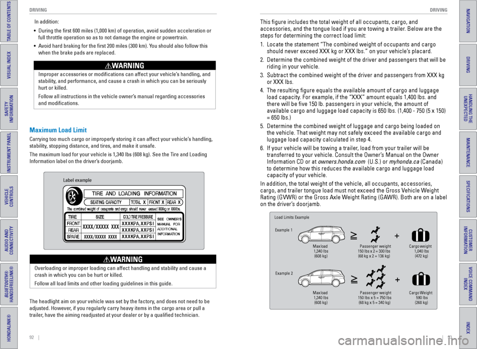 HONDA ODYSSEY 2017 RC1-RC2 / 5.G Quick Guide 92    ||    93
       DRIVING
DRIVING
TABLE OF CONTENTS
INDEX
VISUAL INDEX
VOICE COMMAND 
INDEX
SAFETY 
INFORMATION
CUSTOMER 
INFORMATION
INSTRUMENT PANEL
SPECIFICATIONS
VEHICLE 
CONTROLS 
MAINTENANCE