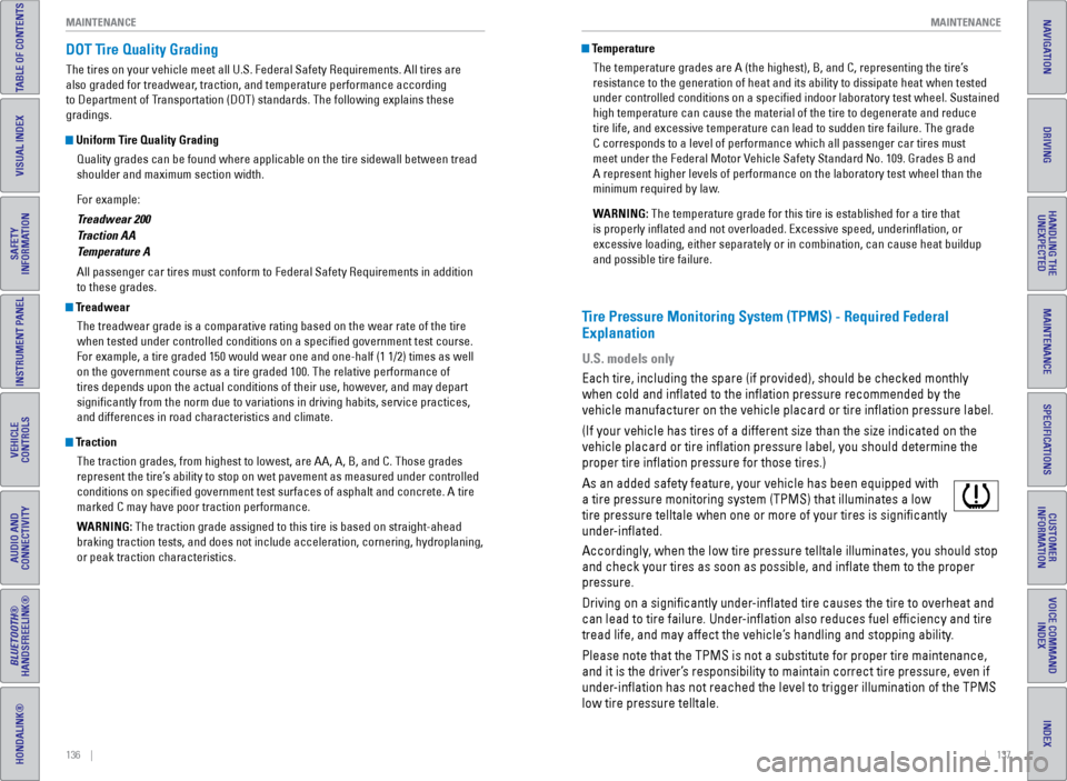 HONDA ODYSSEY 2017 RC1-RC2 / 5.G Quick Guide 136    ||    137
       MAINTENANCE
MAINTENANCE
TABLE OF CONTENTS
INDEX
VISUAL INDEX
VOICE COMMAND 
INDEX
SAFETY 
INFORMATION
CUSTOMER 
INFORMATION
INSTRUMENT PANEL
SPECIFICATIONS
VEHICLE 
CONTROLS 
M