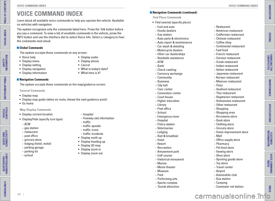 HONDA ODYSSEY 2017 RC1-RC2 / 5.G Quick Guide 144    ||    145
       VOICE COMMAND INDEX
VOICE COMMAND INDEX
TABLE OF CONTENTS
INDEX
VISUAL INDEX
VOICE COMMAND 
INDEX
SAFETY 
INFORMATION
CUSTOMER 
INFORMATION
INSTRUMENT PANEL
SPECIFICATIONS
VEHI
