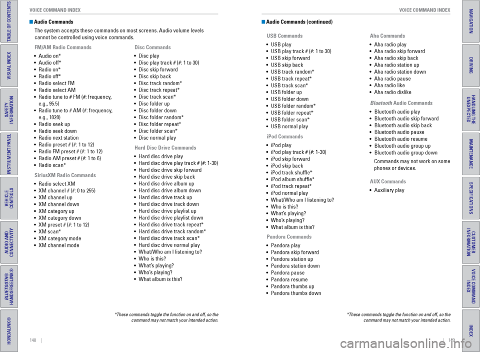 HONDA ODYSSEY 2017 RC1-RC2 / 5.G Quick Guide 148    ||    149
       VOICE COMMAND INDEX
VOICE COMMAND INDEX
TABLE OF CONTENTS
INDEX
VISUAL INDEX
VOICE COMMAND 
INDEX
SAFETY 
INFORMATION
CUSTOMER 
INFORMATION
INSTRUMENT PANEL
SPECIFICATIONS
VEHI