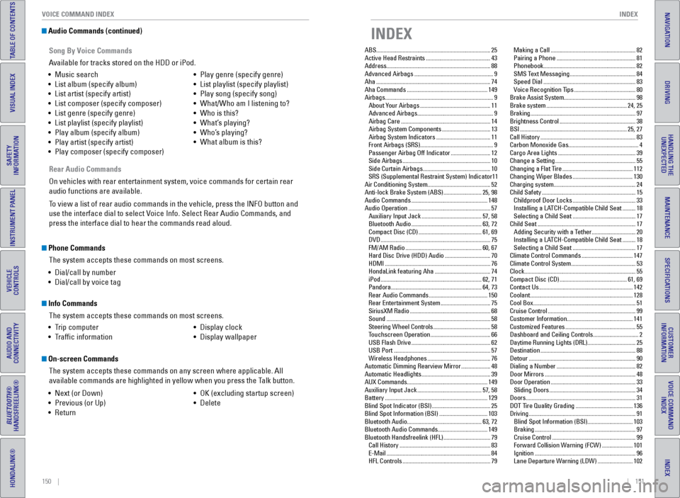 HONDA ODYSSEY 2017 RC1-RC2 / 5.G Quick Guide 150    ||    151
       INDEX
VOICE COMMAND INDEX
TABLE OF CONTENTS
INDEX
VISUAL INDEX
VOICE COMMAND 
INDEX
SAFETY 
INFORMATION
CUSTOMER 
INFORMATION
INSTRUMENT PANEL
SPECIFICATIONS
VEHICLE 
CONTROLS 