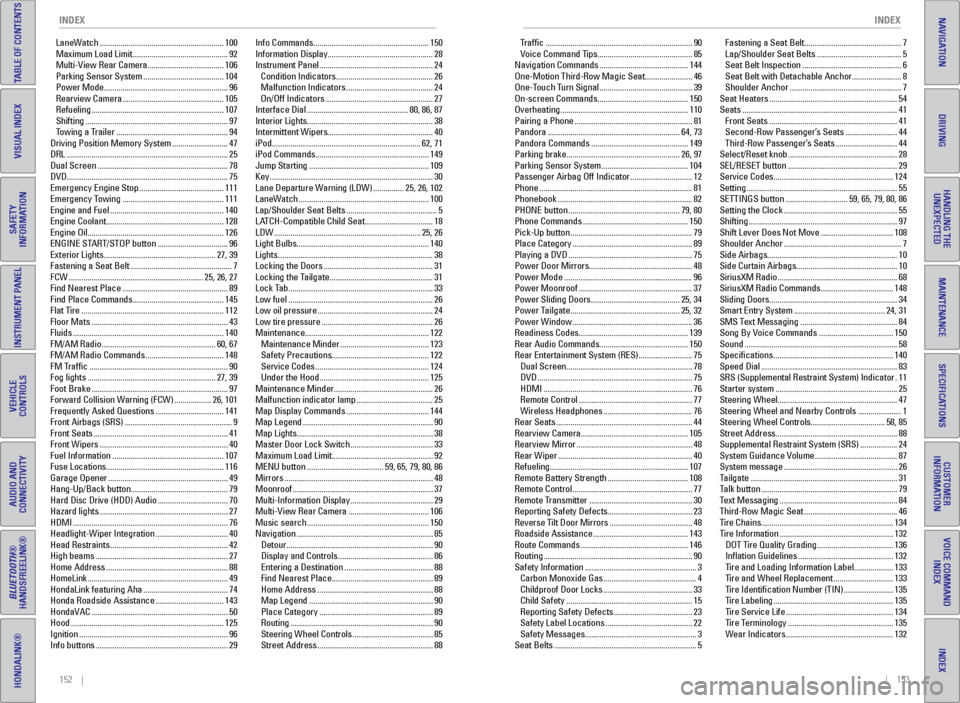 HONDA ODYSSEY 2017 RC1-RC2 / 5.G Quick Guide 152    ||    153
       INDEX
INDEX
TABLE OF CONTENTS
INDEX
VISUAL INDEX
VOICE COMMAND 
INDEX
SAFETY 
INFORMATION
CUSTOMER 
INFORMATION
INSTRUMENT PANEL
SPECIFICATIONS
VEHICLE 
CONTROLS 
MAINTENANCE
A