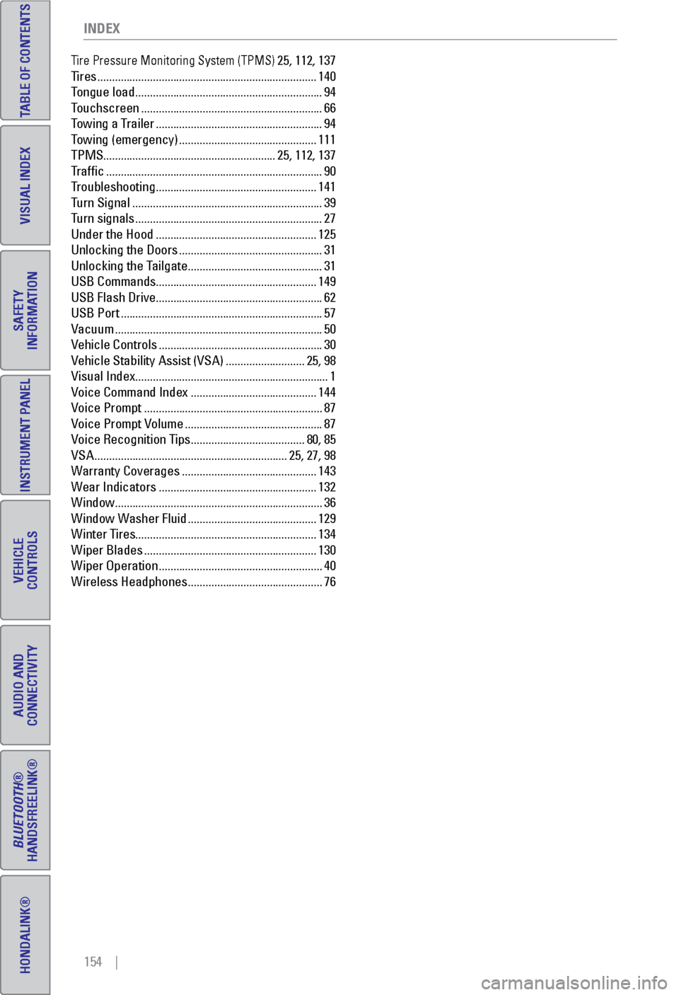 HONDA ODYSSEY 2017 RC1-RC2 / 5.G Quick Guide 154    | INDEX
TABLE OF CONTENTS
VISUAL INDEX
SAFETY 
INFORMATION
INSTRUMENT PANEL
VEHICLE 
CONTROLS 
AUDIO AND 
CONNECTIVITY
BLUETOOTH® 
HANDSFREELINK®
HONDALINK®
Tire Pressure Monitoring System (