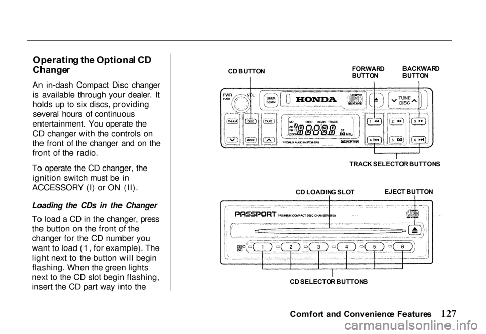 HONDA PASSPORT 2000 2.G Owners Manual 
Operatin
g th e Optiona l C D

Change r

An in-dash Compact Disc changer is available through your dealer. It
holds up to six discs, providing several hours of continuous
entertainment. You operate t