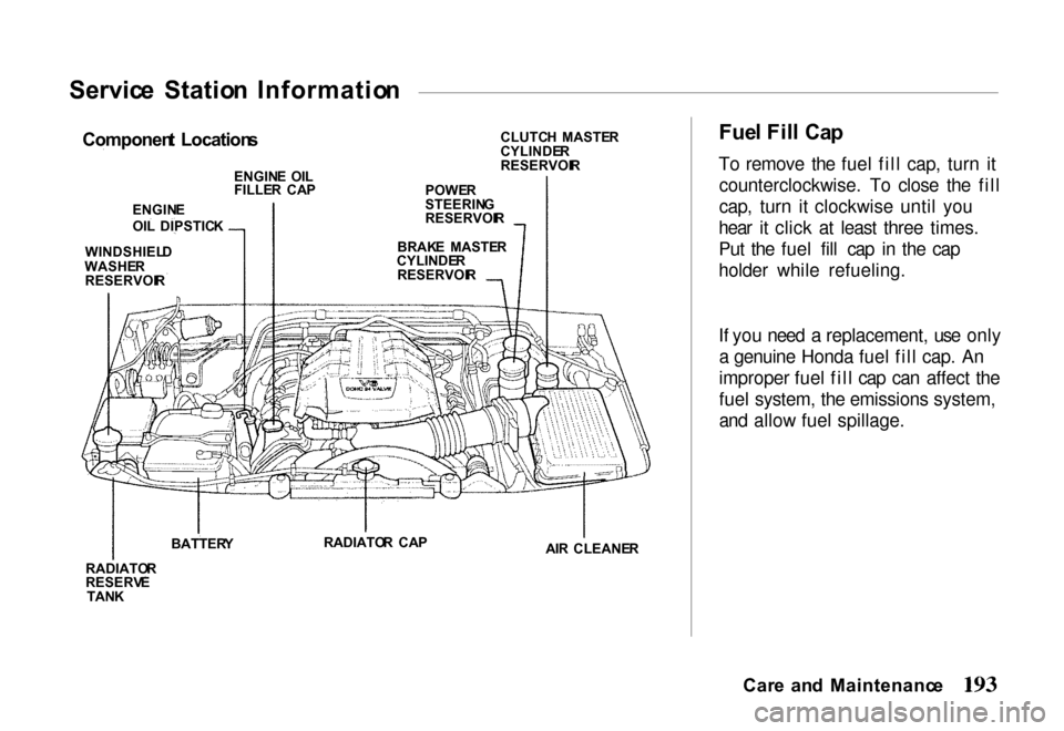 HONDA PASSPORT 2000 2.G Owners Manual
Servic
e Statio n Informatio n
Fuel Fil l Ca p
To remove the fuel fill cap, turn it counterclockwise. To close the fill
cap, turn it clockwise until you
hear it click at least three times.
Put the HONDA PASSPORT 2000 2.G Owners Manual
Servic
e Statio n Informatio n
Fuel Fil l Ca p
To remove the fuel fill cap, turn it counterclockwise. To close the fill
cap, turn it clockwise until you
hear it click at least three times.
Put the