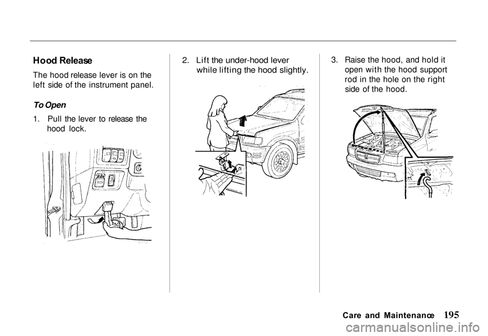 HONDA PASSPORT 2000 2.G Owners Manual Hoo
d Releas e
The hood release lever is on the left side of the instrument panel.

To Open

1. Pull the lever to release the hood lock.
 2. Lift the under-hood lever

while lifting the hood slightly.