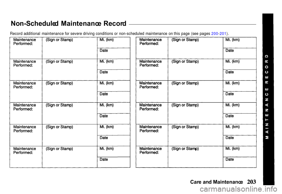 HONDA PASSPORT 2000 2.G Owners Manual 
Non-Schedule
d  Maintenanc e Recor d

Record additional maintenance for severe driving conditions or non-scheduled maintenance on this page (see pages 200-201).

Care an d Maintenanc e 