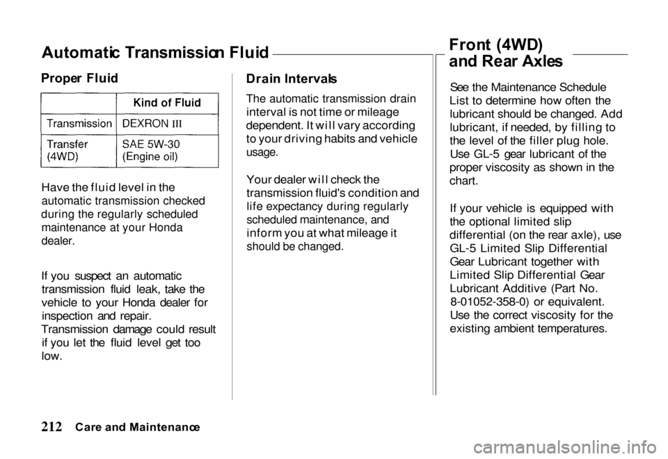 HONDA PASSPORT 2000 2.G Owners Manual Automati
c Transmissio n Flui d
Prope r Flui d
Have the fluid level in the
automatic transmission checked
during the regularly scheduled maintenance at your Honda
dealer.
If you suspect an auto HONDA PASSPORT 2000 2.G Owners Manual Automati
c Transmissio n Flui d
Prope r Flui d
Have the fluid level in the
automatic transmission checked
during the regularly scheduled maintenance at your Honda
dealer.
If you suspect an auto