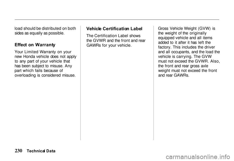 HONDA PASSPORT 2000 2.G Owners Manual load should be distributed on both
sides as equally as possible.
Effec t  o n  Warrant y
Your Limited Warranty on your
new Honda vehicle does not apply to any part of your vehicle that
has been subjec